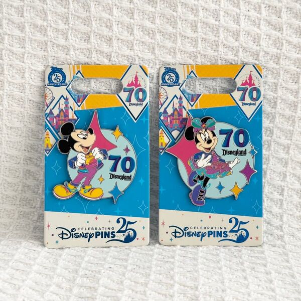 ディズニーランドリゾート カルフォルニアディズニー アナハイムディズニー 70周年 ミッキーマウス ミニーマウス ピンバッジ 2点
