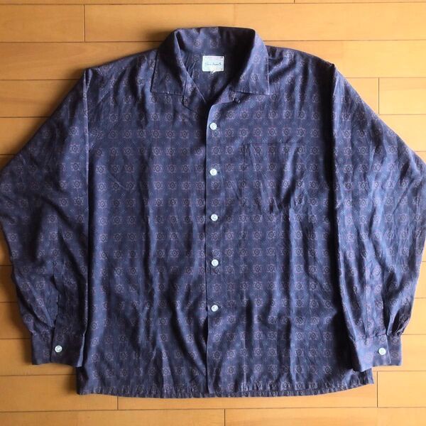 60s 70s Hathaway オープンカラーシャツ 開襟 ループカラー 総柄 長袖 Lサイズ 16-16 1/2 ヴィンテージ