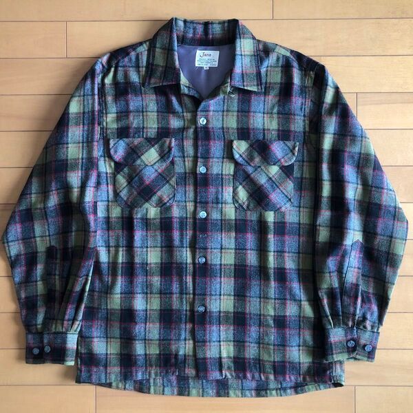 60s 70s Jano オープンカラーシャツ 開襟 チェック ウール ボックス ループカラー 長袖 M ヴィンテージ 古着