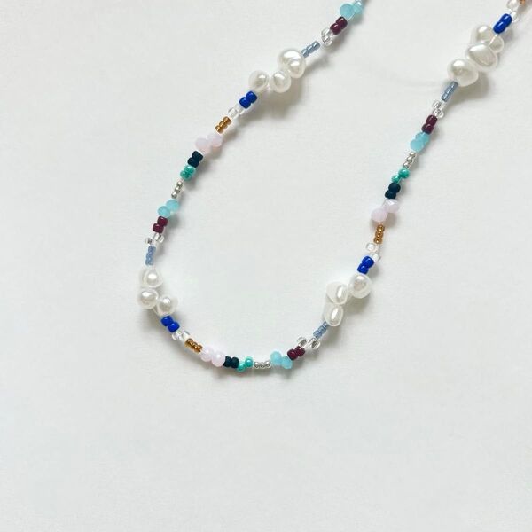 ハンドメイド*ビーズネックレス*カラフル*パール*シルバー