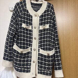 SHEIN グリッド 無地 レディース カーディガン フロントオープン ニットカーディガン ツイード