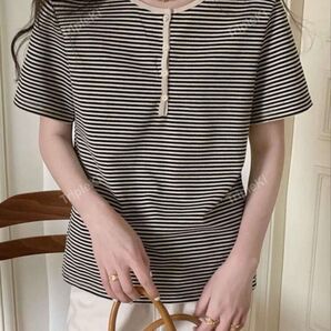 SHEIN ストライプ ボタンフロント Tシャツ