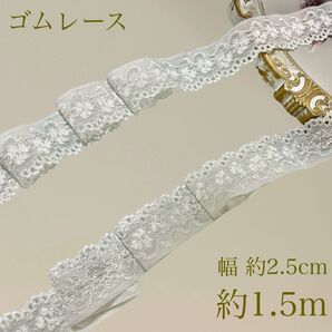 約1.5m ゴムレース 花柄刺繍 幅約2.5cm ホワイト