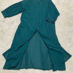 ダークグリーン 七分袖 シャツワンピース