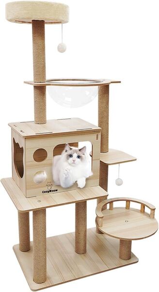 大特価!キャットタワー ハンモック 木製 スリムデザイン 大型猫用 老猫や肥満猫、子猫向けキャットハウス 宇宙船型透明ボウル