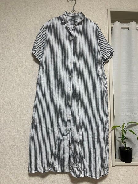無印良品 リネン100%ストライプ 半袖 シャツワンピース M-Lサイズ
