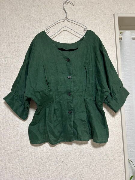 アーバンリサーチ ダークグリーン リネン風 シャツ 半袖