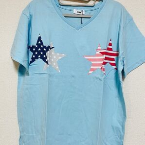 RCWB Vネック Tシャツ ライトブルー 星条旗柄