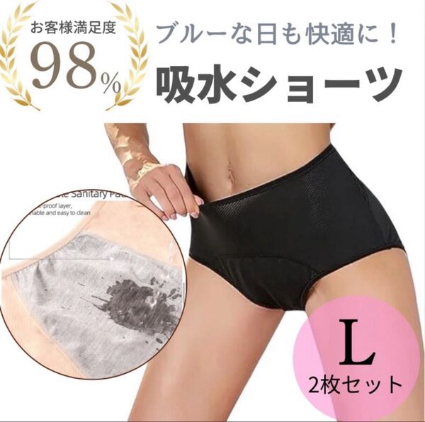 吸水 ショーツ ブラック L 2枚 生理用 サニタリー 下着 吸収