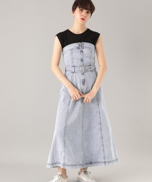 PAGEBOY ケミカルデニムワンピース ベアトップ ビスチェ ライトブルー