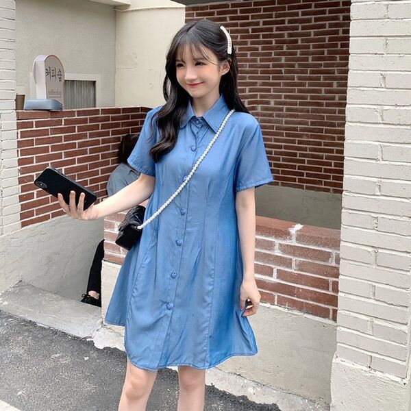 涼しげ☆彡 とろみシャツ ミニワンピース 韓国 オルチャン レディース ブルー