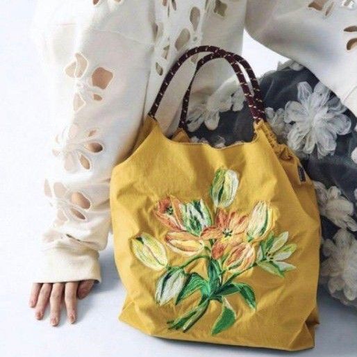 刺繍エコバッグ チューリップ 黄色 ストラップなし