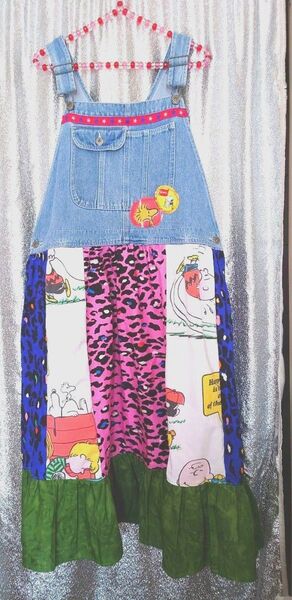 デニム リメイク ジャンパースカート USEDシーツ スヌーピー ハンドメイド