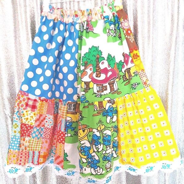 USEDシーツ スマーフ スカート リメイク ハンドメイド パッチワーク