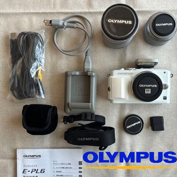 OLYMPUSオリンパスミラーレス一眼PEN LiteペンライトE-PL6ダブルズームキットDZKITホワイトWHT付属品完備!