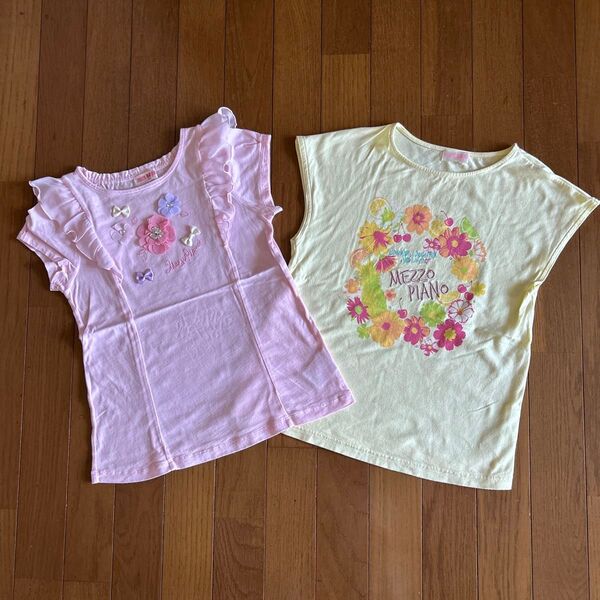 キッズ ガールズ メゾピアノ 半袖 トップス カットソー Tシャツ 2枚 140 ピンク イエロー リボン フリル お花