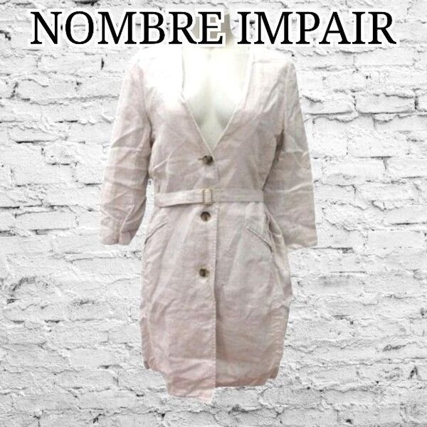 美品 NOMBRE IMPAIR ノンブルアンペール シャツコート ノーカラー サマー リネン100% ベルト付 生成り