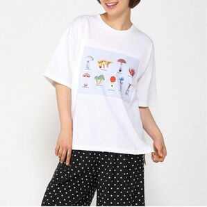 FRAPBOIS キノコプリント Tシャツ 半袖 毒きのこ マッシュルーム 図鑑 ホワイト 白