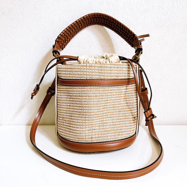 ZARA コントラストファブリック バケット かごバッグ ショルダー 2WAY ハンドバッグ レザー