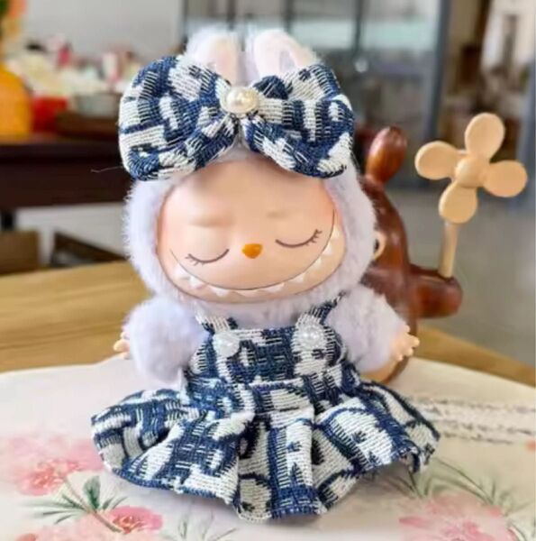 ラブブ labubu 着せ替え ぬいぐるみ服 17㎝ 推し活 高級 ブルー ワンピース リボン 青