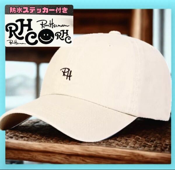 オマケ付き ロゴキャップ ベースボールキャップ キャップ 男女兼用 RH 帽子 ユニセックス ライトベージュ オフホワイト 刺繍