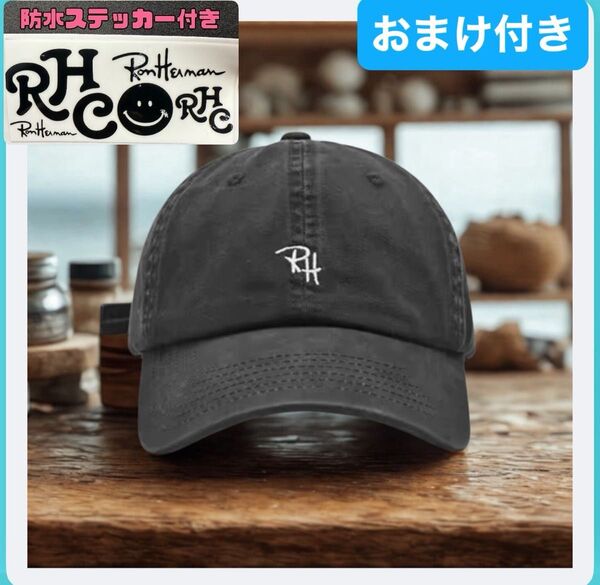 オマケ付き ロゴキャップ ベースボールキャップ キャップ 男女兼用 RH 帽子 ユニセックス ブラック ウォッシュ加工 刺繍す