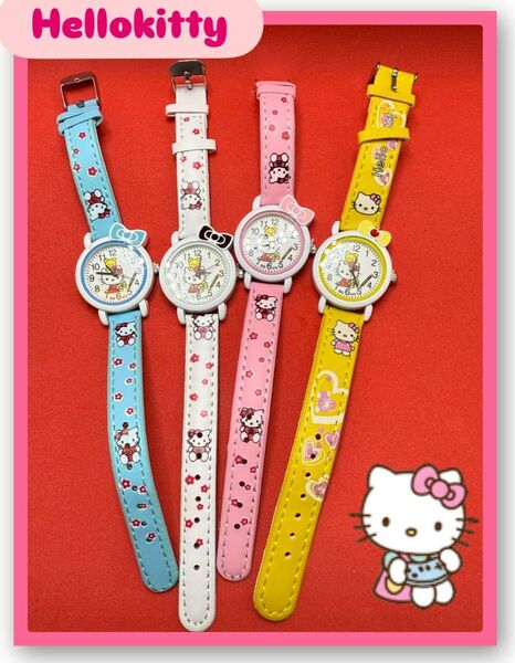 Hellokitty 腕時計 アナログ リボン 水色 黄色 ピンク 白 クォーツ 時計 キャラクター腕時計