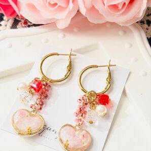 桜のハートピアス レジン ハンドメイド