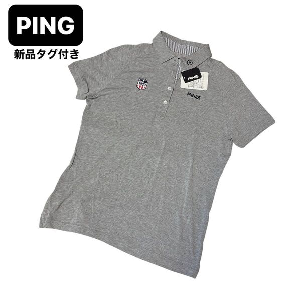 新品 PING ゴルフ グレー ポロシャツ アメリカ国旗 刺繍ロゴ M