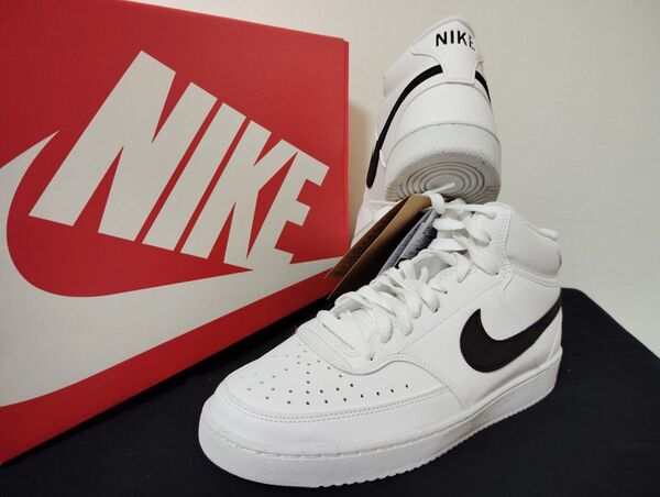新品27cmナイキNIKEメンズスニーカーコートビジョンミッドホワイトブラック白黒エアフォース1AF1ハイカット好きに