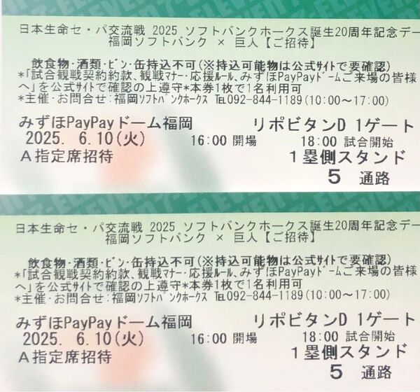 【通路側】6月10日(火) ソフトバンクホークスvs巨人 A指定席ペアチケット
