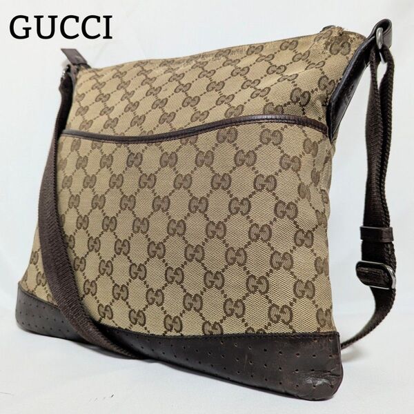 GUCCI ショルダーバッグ GG柄 メッセンジャーバッグ 肩掛け 斜め掛け サコッシュ 鞄 バッグ キャンバス レザー 茶