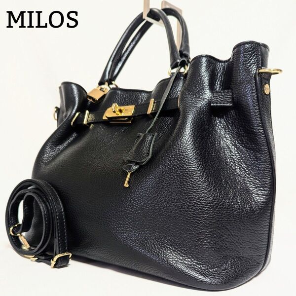 美品◎MILOS 2wayショルダーバッグ A4収納可能 肩掛け ハンドバッグ トートバッグ レザー 通勤 ビジネス 大容量 黒