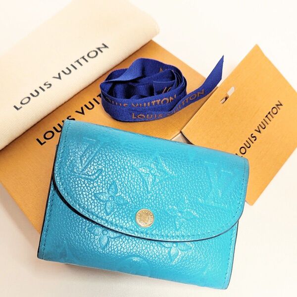 美品◎希少カラー◎ルイヴィトン LOUIS VUITTON ポルトモネロザリ モノグラムアンプラント 折り財布 ターコイズブルー