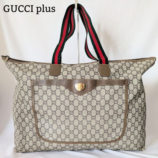 良品◎GUCCI plus トートバッグ GGスプリーム シェリーライン PVC ショルダー 肩掛け 大容量 A4可 ベージュ