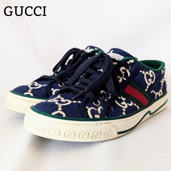 美品◎グッチ GUCCI TENNIS 1977 GGジャンボ GGキャンバス 24cm ローカットスニーカー 紺 ネイビー