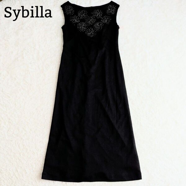 美品◎Sybilla シビラ 花刺繍 ビーズ刺繍 ノースリーブ ロングワンピース ドレス フォーマル 大きいサイズ L 黒ブラック