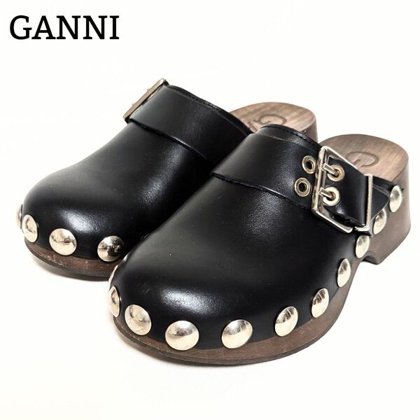 美品◎ガニー GANNI ブラックレザー クロッグサンダル 厚底 サボ サンダル スタッズ レザー 22.5cm 黒 ブラック