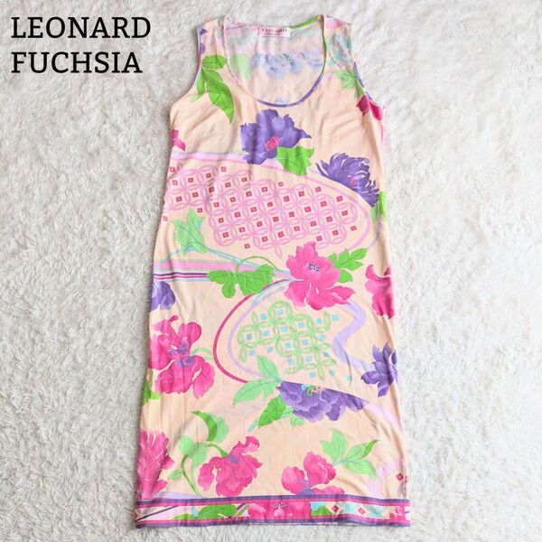 良品◎レオナール LEONARDFUCHSIA ロングワンピース ノースリーブ トリム 花柄 総柄 ドレス イタリア製 L ピンク