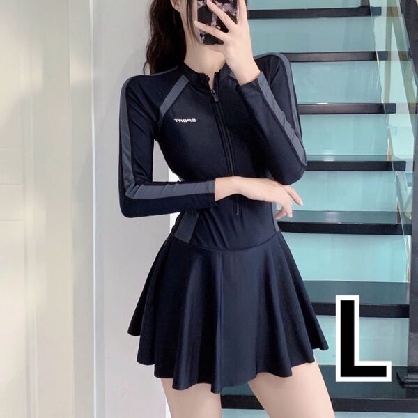 L 水着 長袖 ワンピース フィットネス ラッシュガード 日焼け UV ママ 黒