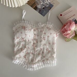 ピンク 花柄 カップ付き キャミソール レース フリル 調整可能 トップス