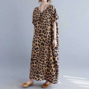 ◆新品◆ ワンピース レオパード フリー マキシ ロング Vネック ドルマン