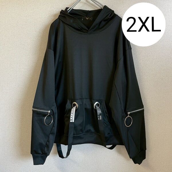 ◆新品◆ パーカー ブラック 2XL プルオーバー ルーズ ジップ ポケット フーディ