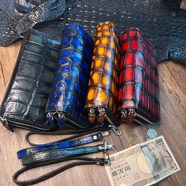 限定価格セール 4色選択 新品 クロコダイル メンズ ラウンドファスナー ワニ革 鰐 本革 手染め手作り長財布 ダブルファスナー