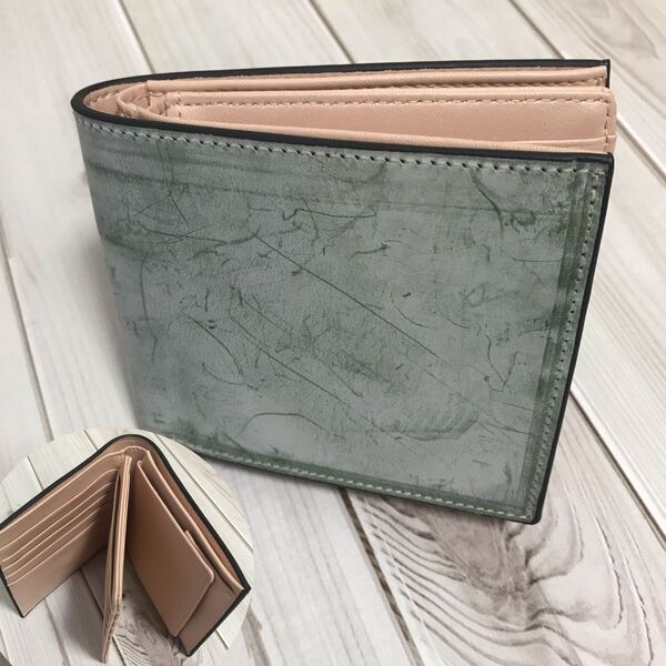 新作品 グリーン系 ハンドメイド 新品 ブライドレザー ヌメ革/本革 コンパクト ミニ財布 二つ折り財布 小銭入れあり 人気商品