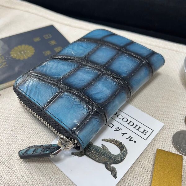 一枚革 金運UP 最高級青染めクロコダイル財布 YKKメンズ ラウンドファスナー ワニ/鰐本革 手染め手作り コンパクト
