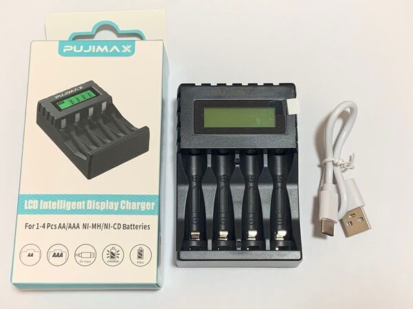 PUJIMAX 4スロット インテリジェント LCD ディスプレイ バッテリー充電器 1.2V 単3/単4 Ni-Mh 黒①