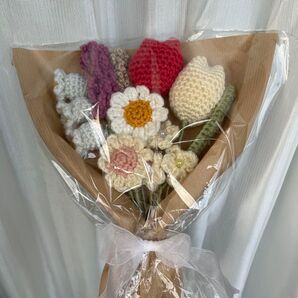【お値下げ中】編み物 枯れない花束 ウールフラワー チューリップ 大きめブーケ◎