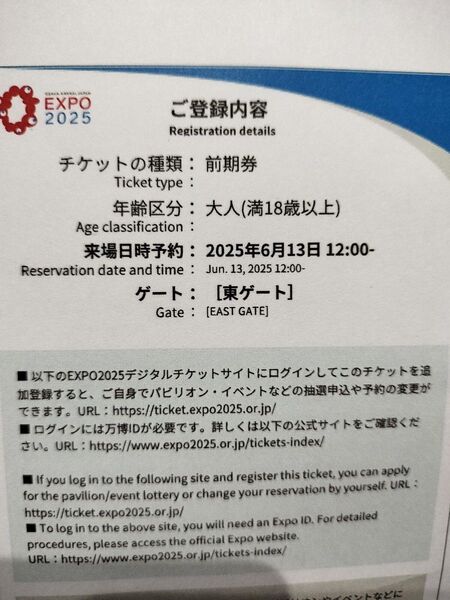 大阪関西万博1日券 チケット 6/13(金)12時入場 日時変更可 EXPO2025 一日券 大人2人分