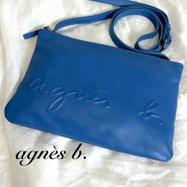 美品 Agnes b. アニエスベー サコッシュ ショルダーバッグ 斜め掛け レザー デカロゴ エンボス 型押し 本革 ブルー